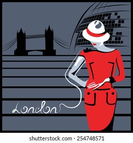 Abstract woman in red in London near Tower Bridge and City hall (poster or card)