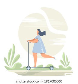 Abstract woman rides a kick scooter and enjoying summer and the warm weather. A girl in the dress and active lifestyle.