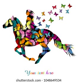 Abstract woman riding a horse and colorful butterflies flying