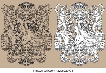 Abstract woman with a rose in an elegant floral frame. vector black and white line drawing. For your design and coloring books. Isolated drawing. Hand drawn.