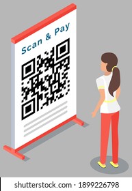 Abstract woman scanning qr code via mobile phone scanner device isometric vector illustration, future recognition technology, information data barcode isolated on gray background. QR code verification