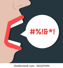 abstract woman shouting obscenities. concept of vulgarity, fury, expression, speaker, criticism, fierce, rebuke, voice. isolated on dark background. flat style trend modern design vector illustration