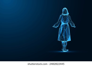 Abstract woman silhouette back view, standing with hands spread isolated dark blue background. Empowerment, freedom futuristic concept. Glowing low polygonal style. Modern design vector illustration