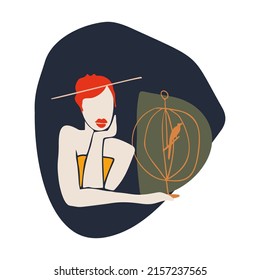 Abstract woman silhouette and abstract decor elements. Minimal contemporary art print. Design for T-shirts, posters, labels, media and social media covers. Vector illustration 