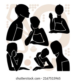 Silueta de mujer abstracta y elementos de decoración abstracta. Mínima impresión de arte contemporáneo. Diseño para camisetas, afiches, etiquetas, medios y portadas de medios sociales. Ilustración del vector 