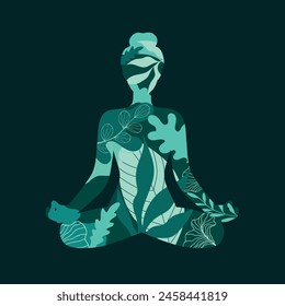 Abstract woman sitting in lotus position. Meditating girl silhouette made of forest plants and leaves. Girl doing yoga and meditating. Vector illustration