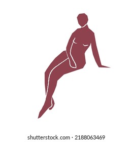 Abstract woman sitting pose on white background. Hand drawn burgundy silhouette. For home decoration, card, social media post, poster. Vector illustration, flat design