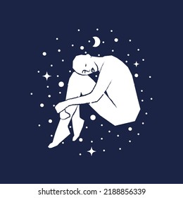 Abstract woman sitting pose on starred dark blue sky background. Hand drawn white silhouette. Concept of astrology, fantasy, esoteric. Vector illustration, flat design