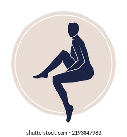 Abstract woman sitting pose on beige label circle. Hand drawn dark blue silhouette. For packaging, card, social media, poster, print. Vector illustration, flat design