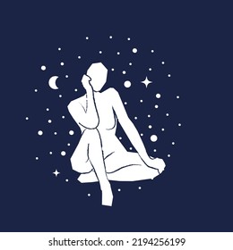 Abstract woman sitting pose on starred dark blue sky background. Hand drawn white silhouette. Concept of astrology, fantasy, esoteric. Vector illustration, flat design