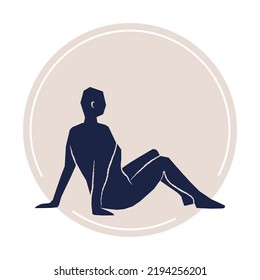 Abstract woman sitting pose on beige label circle. Hand drawn dark blue silhouette. For packaging, card, social media, poster, print. Vector illustration, flat design