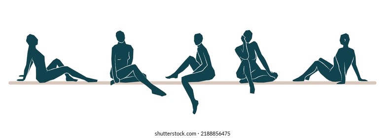 Abstract woman sitting pose set on white background. Hand drawn green silhouette. For home decoration, card, social media post, poster. Vector illustration, flat design