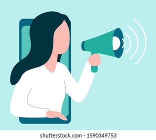 Abstract woman from smartphone holds speaker and says, calls, invites, notifies. Girl is barker, blogger, influence. Welcome, attention, landmark, hint. Vector illustration