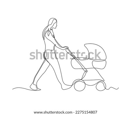 abstract woman with a stroller with a child Continuous On Line Drawing