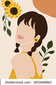 Abstract Woman With Sunflower, Cute Girl Art Print, Minimalist Girl, Boho Girl, Minimalist Art, Illustration, Vector, Poster