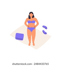 Abstract woman in swimsuit has a rest on beach. Girl in bikini standing on blanket, sunbathing on sea vacations. People are on seashore on summer holiday. Flat isolated vector illustration on white