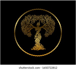 Abstract woman tree logo with gold shiny and metallic color, vector 