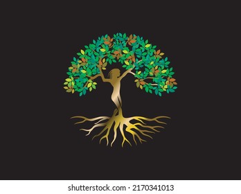 Abstract woman tree logo with gold shiny and metallic color, vector 