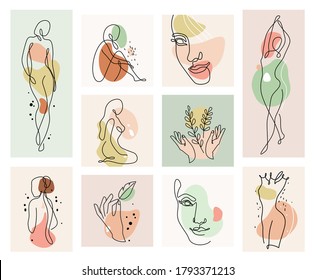 Abstract woman vector background set in line art. Fashion cards with female faces, hands, postures, color texture shape elements in modern simple linear style. Beauty girl layout