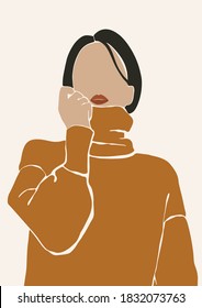 Resumen de la figura vectorial de la mujer con texturas. Arte contemporáneo. Figura femenina de moda en estilo moderno con accesorios. Temporada De Invierno De Otoño. Perfecto para imprimir, afiches, medios sociales, tarjetas