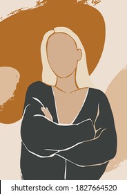 Abstract woman vector portrait with textures. Contemporary art with terracotta colors. Fashion female figure in modern style. Season Autumn Winter. Perfect for print, poster, social media, cards