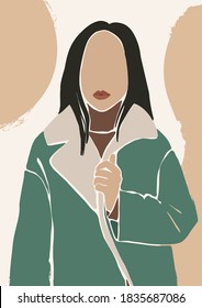 Abstract woman vector portrait with textures. Contemporary art with terracotta colors. Fashion female figure in modern style. Season Autumn Winter. Perfect for print, poster, social media, cards