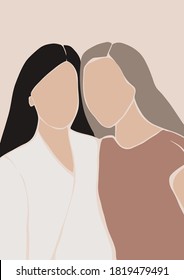 Abstract woman vector portraits. Contemporary art with terracotta colors. Mother and daughter. Beauty fashion female figures in modern style. Friendship. Perfect for print, poster, social media, cards