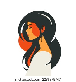 Abstract woman with waving hair paint spot artistic fashion pop art portrait side view vector flat