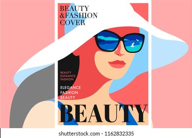 Abstract woman wearing big white hat. The sea and seagulls are reflected in sunglasses. Fashion magazine cover design for summer holiday season. Vector illustration