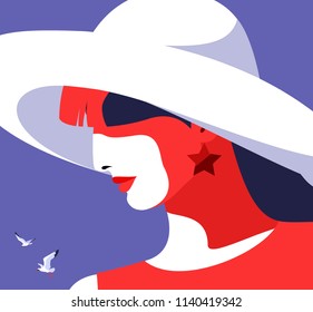 Abstract woman wearing red dress and big white hat. Close up portrait in profile. Sky background with gulls. Vector illustration