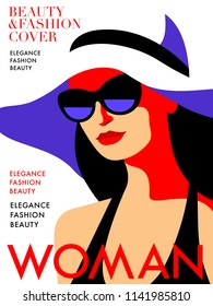 Abstract woman wearing swimsuit, big hat and sunglasses. Fashion magazine cover design for the summer holiday season. Vector illustration