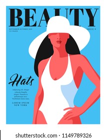 Abstract woman wearing swimsuit and big hat. Fashion magazine cover design for the summer holiday season. Vector illustration