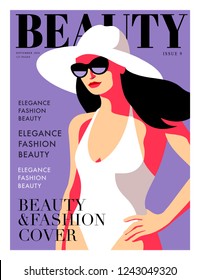 Abstract woman wearing swimsuit, big hat and sunglasses. Fashion magazine cover design for the summer holiday season. Vector illustration