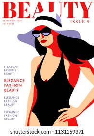 Abstract woman wearing swimsuit, hat and sunglasses. Fashion magazine cover design for the summer holiday season. Vector illustration