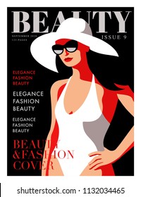 Abstract woman wearing swimsuit, hat and sunglasses. Fashion magazine cover design for the summer holiday season. Vector illustration