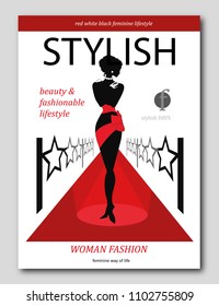 Abstract womanon a red carpet with stars. Luxury Fashion magazine cover design. Vector illustration