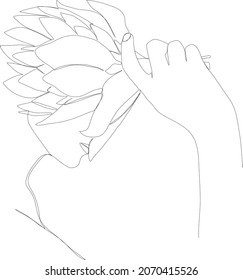 Resumen del rostro de la mujer con flores en la ilustración vectorial. Retrato de estilo minimalista. Huella botánica. Símbolo natural de los cosméticos. Moderna línea de arte. Impresión de moda. Logo de Beaty Salon.