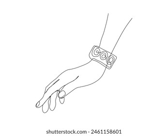 Abstract woman's hand with bracelet, continuous single one line art hand drawing sketch
