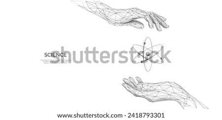 Abstract woman's hands holding atom symbol. Nuclear atom or molecule. Low poly sketch. Laboratory medicine science concept. Isolated polygonal wireframe vector illustration on a white background.