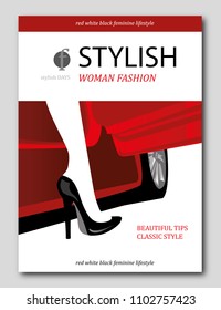 Abstract woman's leg, who getting out of red car. Luxury Fashion magazine cover design. Vector illustration