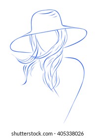 Abstract woman's silhouette with long hair in a hat, white background.