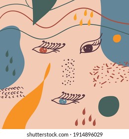 Abstract women with blue yellow and brown eyes on textured background 