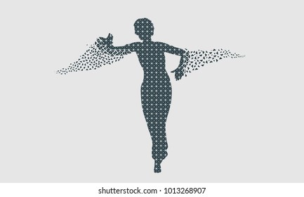 Abstract women in dancing pose textured by lines and dots pattern in sword fight pose. Particles emission