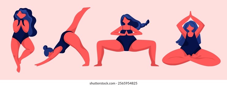 Abstract Women doing Yoga poses Vector illustration in Abstract Modern minimal style.Women exercising for body stretching.Sport Girls.Woman doing yoga exercises.Self love,self care and body positivity