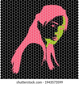 Abstract women face art with circle pixel black background.