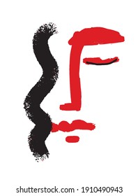 Abstract Women Face Vector Illustration ideal for Wall Art, Poster, Card. Simple Vector Graphic with Human Head with Black Wavy Hair and Red Lips Isolated on a White Background. 