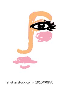 Abstract Women Face Vector Illustration ideal for Wall Art, Poster, Card. Simple Vector Graphic with Human Head with Black Eye and Pink Lips Isolated on a White Background. 
