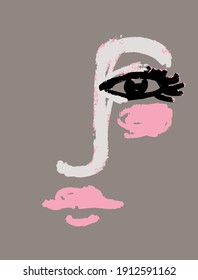 Abstract Women Face Vector Illustration ideal for Wall Art, Poster, Card. Simple Vector Graphic with Human Head with Black Eye and Pink Lips Isolated on a Dusty Brown Background. 