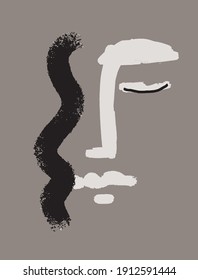 Abstract Women Face Vector Illustration ideal for Wall Art, Poster, Card. Simple Vector Graphic with Human Head with Black Wavy Hair Isolated on a Dusty Brown Background.