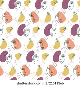 Abstract women faces seamless vector pattern. Modern one line drawing faces endless repeat. Minimalism pattern with overlapping shapes and faces.